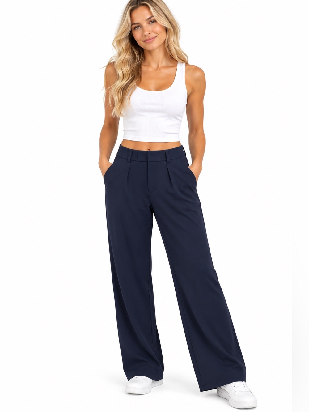Halara Wide-Leg High-Rise Pull On Trouser Pants in Navy Womens Size Large